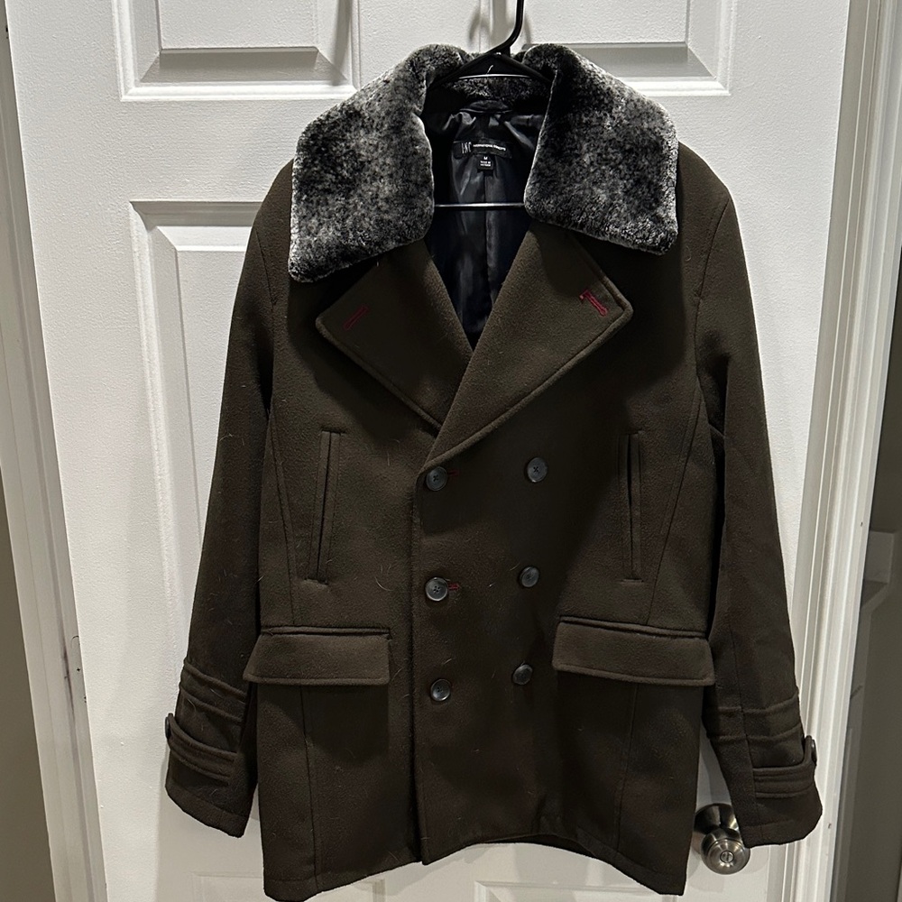 INC International Concepts Dark Green Pea Coat with Faux Fur Collar